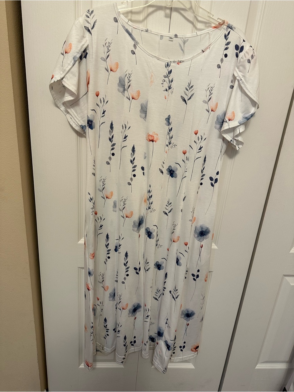 White Floral Maxi Dress with Navy and Peach Accents